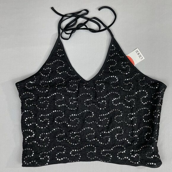 Cider Sequin Cropped Halter Top Women's XL Black Silver Rockerchic Punk Glamgoth - Picture 2 of 13